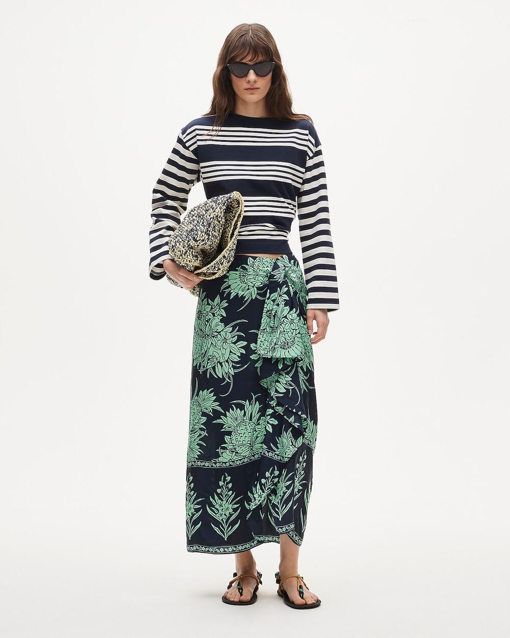 J.Crew Faux-wrap skirt in pineapple garden-print viscose twill Navy Matcha 2